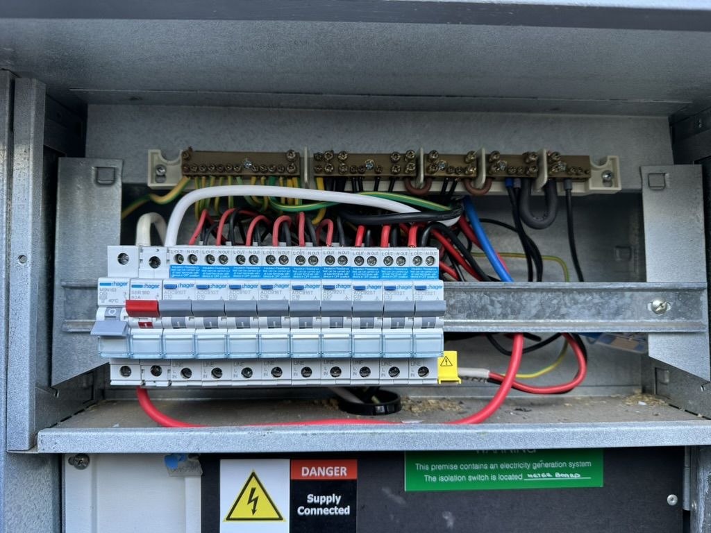 Residential switchboard with new circuit breakers, installed alongside solar
